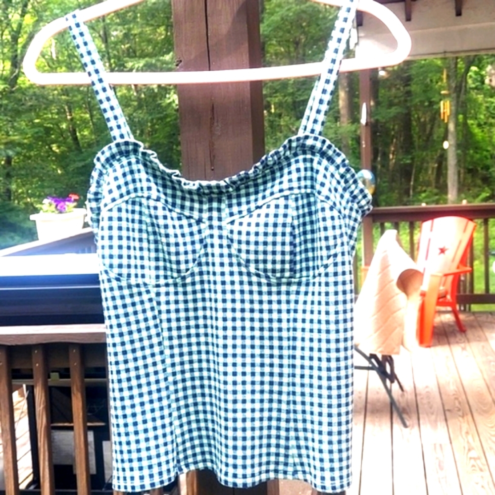 Eva Franco Anthropologie green blue gingham sweetheart Ruffle Bodice Tank Top M